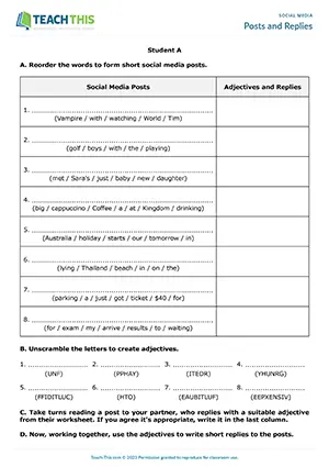 ESL Social Media Posts Activity preview for Pre-intermediate A2 showing posts, replies, adjectives, and group work