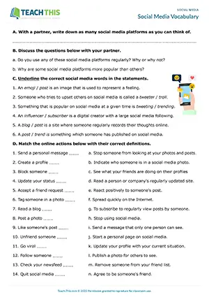 ESL Social Media Worksheet preview for Intermediate B1 showing vocabulary, listing, matching, gap-fill, and pair work