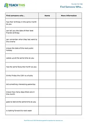 ESL Time Activity preview for Pre-intermediate A2 showing Find Someone Who questions and class mingling