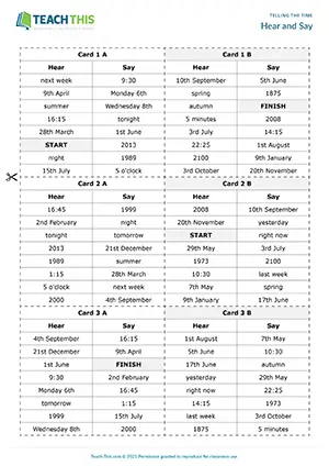 ESL Saying Times Game preview for Pre-intermediate A2 showing group listening and matching activity