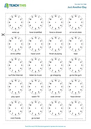 ESL Telling the Time Activity preview for Pre-intermediate A2 showing speaking, daily routine, and time cards