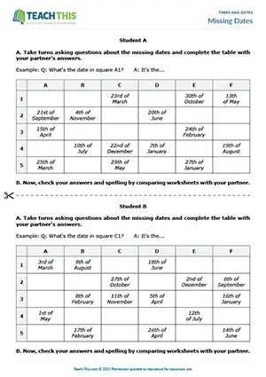 ESL Saying Dates Activity preview for Elementary A1-A2 showing information gap and speaking practice