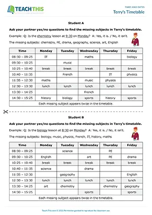 ESL Timetable Game preview for Elementary A1-A2 showing information gap and guessing school subjects