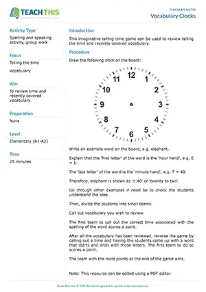 ESL Time Game preview for Elementary A1-A2 showing vocabulary, matching, and spelling practice