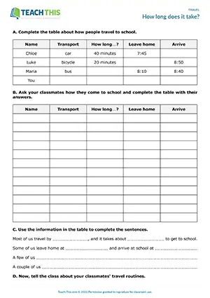 ESL Travel Routines Activity preview for Elementary A1-A2 showing table completion and speaking activity