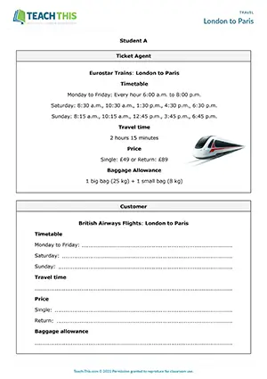 ESL Travel Information Role-Play preview for Pre-intermediate A2 showing train and flight schedule activities