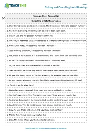 ESL Hotel Reservations Activity preview for Pre-intermediate A2 showing telephone booking and cancellation role-play