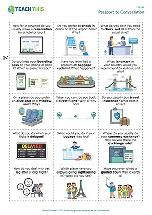 ESL Travel Conversation Activity preview for Intermediate B1 showing asking and answering questions, guided discussion, freer practice and group work