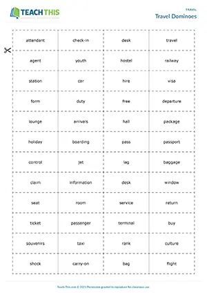 ESL Travel Collocations Game preview for Intermediate B1 showing dominoes game with collocations and sentence practice