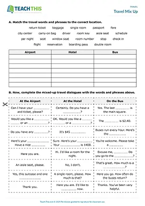ESL Travel Vocabulary Activity preview for Pre-intermediate A2 showing matching, gap-fill and travel role-plays