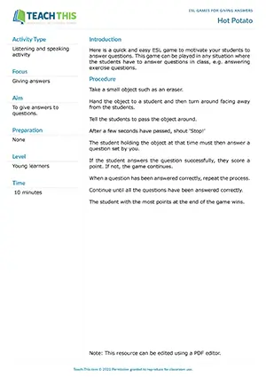 Free ESL game to motivate students to answer questions using a quick and easy hot potato passing activity