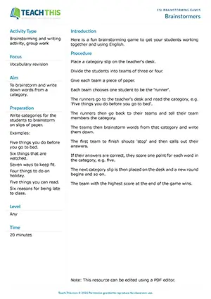 Free ESL fun brainstorming game to get students working together and using English with category runners