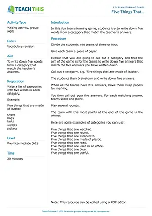 Free ESL fun brainstorming game where students try to write down five words from a category that match teacher's answers