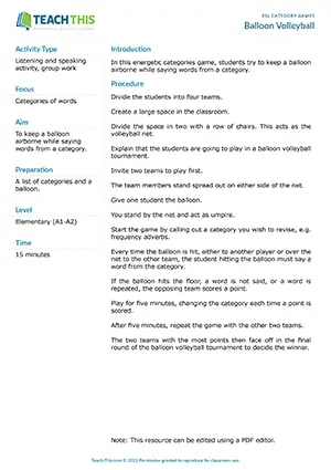 Free ESL energetic categories game where students try to keep a balloon airborne while saying words from a category