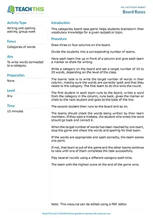 Free ESL categories board race game helps students brainstorm their vocabulary knowledge for a given subject or topic