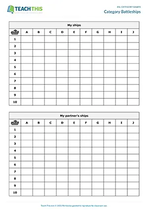 Free ESL entertaining category words game where students play Battleships to find words and name the category