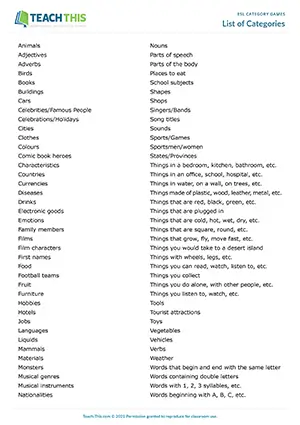 Free ESL list of categories for use when playing category games