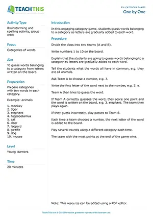 Free ESL engaging category words game where students guess words belonging to a category as letters are gradually added