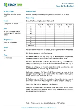 Free ESL fast-paced category game for students of all ages using letter and category combinations