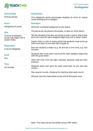 Free ESL categories game encourages students to think of unique words belonging to a category