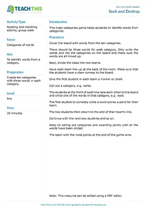 Free ESL lively categories game helps students to identify words from categories through board racing