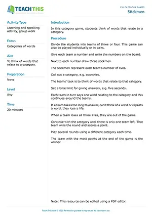 Free ESL category game where students think of words that relate to a category using lives system