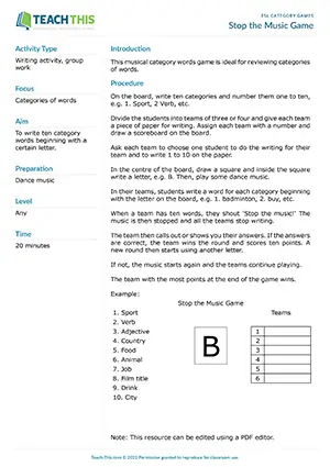 Free ESL musical category words game ideal for reviewing categories of words with music element