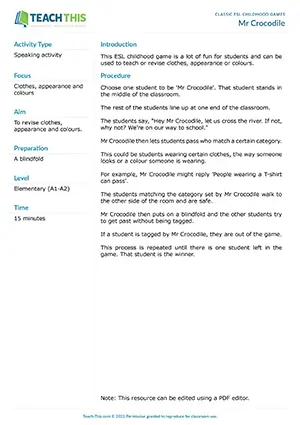 Free ESL childhood game that is a lot of fun for students and can be used to revise clothes, appearance or colours
