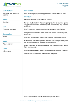esl activities numbers 1 100 Tinglish Preview