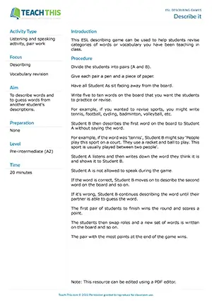 Free ESL game where students practice describing and guessing vocabulary words in pairs