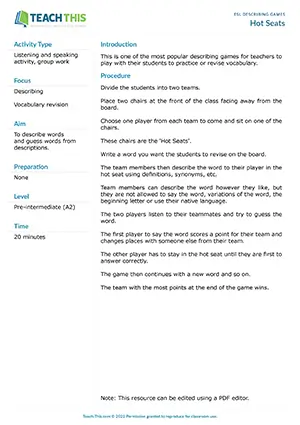 Free ESL game where teams describe vocabulary words to players in hot seats for guessing practice