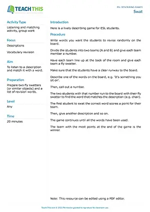 Free ESL game where students race to swat words matching teacher's descriptions using fly swatters