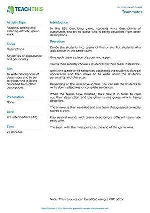 Free ESL game where students write descriptions of classmates and guess who is being described