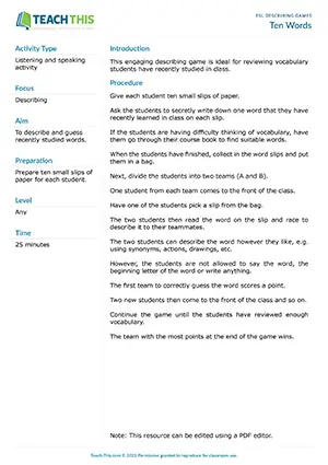 Free ESL game for reviewing vocabulary where students describe their recently learned words to teammates