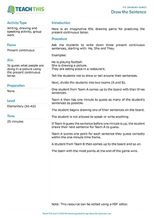Free ESL drawing game for practicing present continuous tense through drawing and guessing sentences