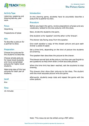 Free ESL drawing game where students describe and draw pictures accurately in pairs