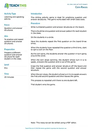 Free ESL drilling game using spinning coins to practice question and answer structures in a circle