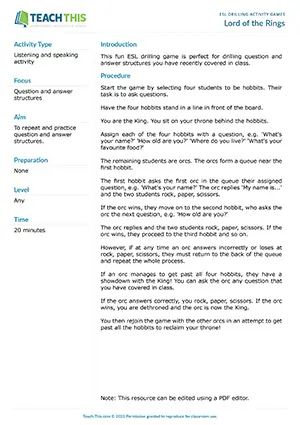 Free ESL drilling game where students role-play as hobbits and orcs to practice questions and answers