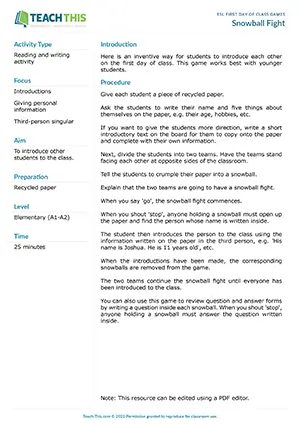 Free ESL game where students have a paper snowball fight to exchange and introduce classmates' information