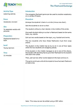 Free ESL flashcard game where students swap seats when their flashcard words are called out