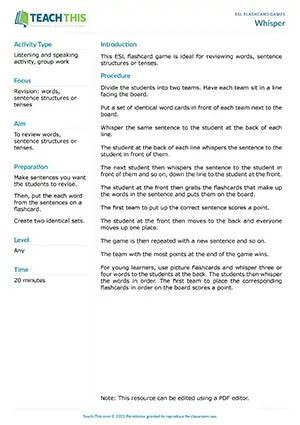Free ESL flashcard game combining whisper relay with sentence building using flashcards