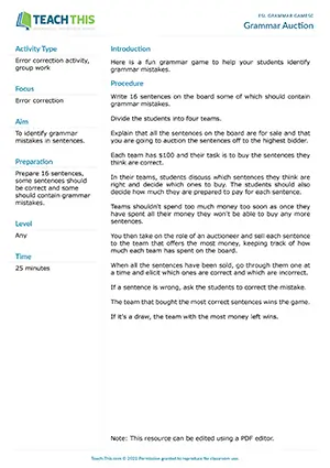Free ESL grammar game where teams bid on sentences they believe are grammatically correct