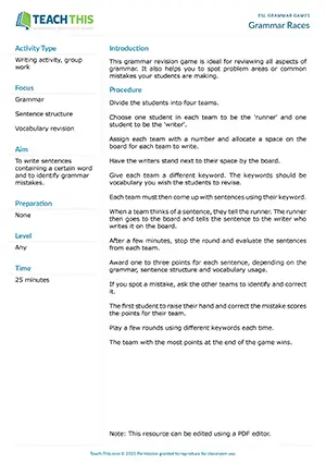 Free ESL grammar game where teams race to create sentences using keywords while others correct mistakes