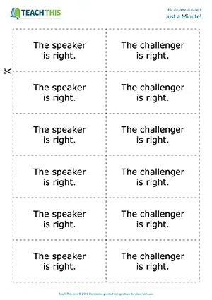 Free ESL grammar game where students challenge speakers' grammar mistakes during one-minute speeches