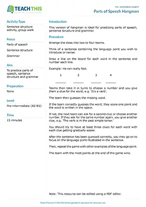 Free ESL hangman game for practicing parts of speech and grammar through word guessing with clues