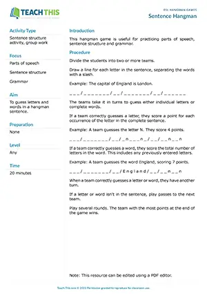 Free ESL hangman game for practicing sentence structure where teams guess letters or complete words