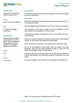 Free ESL listening game where teams whisper sentences down a line and write them on the board