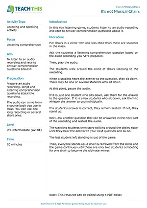 Free ESL listening game where students walk around chairs and sit when they hear answers to comprehension questions