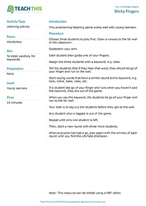 Free ESL listening game where students hold teacher's fingers and run when they hear their keyword