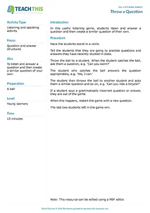 Free ESL yes/no question game for young learners featuring ball-throwing activity, listening practice, and interactive question-answer exercises